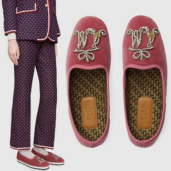 NIB Gucci Pink Velvet Pearl Monogram Slip on Loafers Size 5/EU 39 - Picture 1 of 12